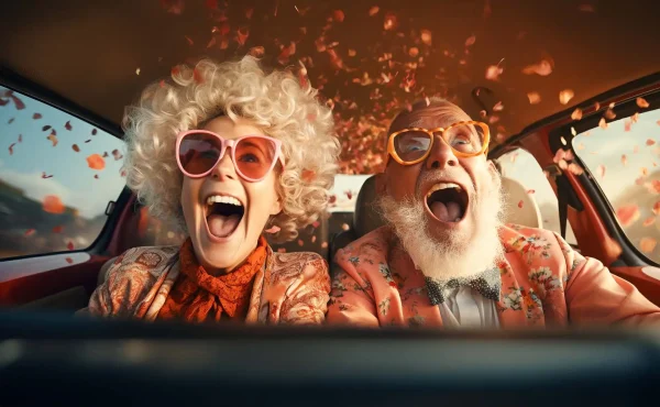 A joyful elderly couple in a car surrounded by confetti.